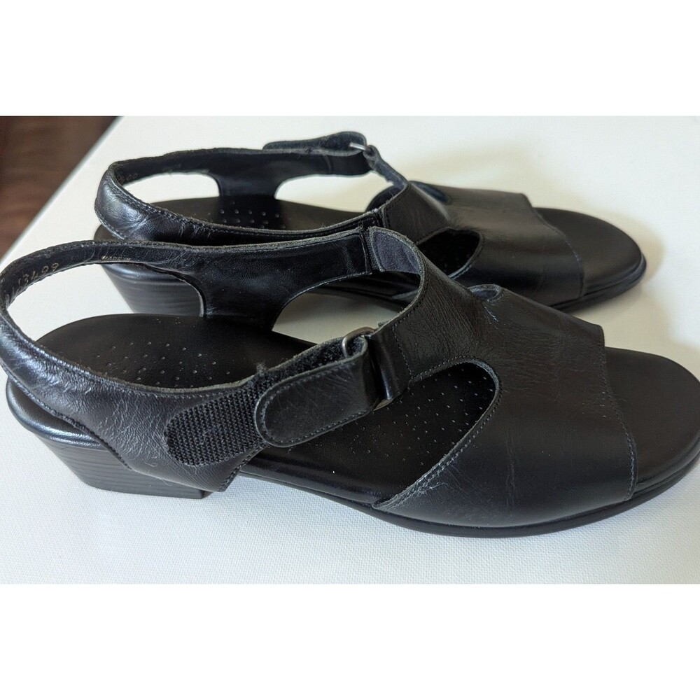 SAS Suntimer Sandals Women 8N Black Leather T-Strap Block Heel Comfort Shoes - Picture 2 of 11